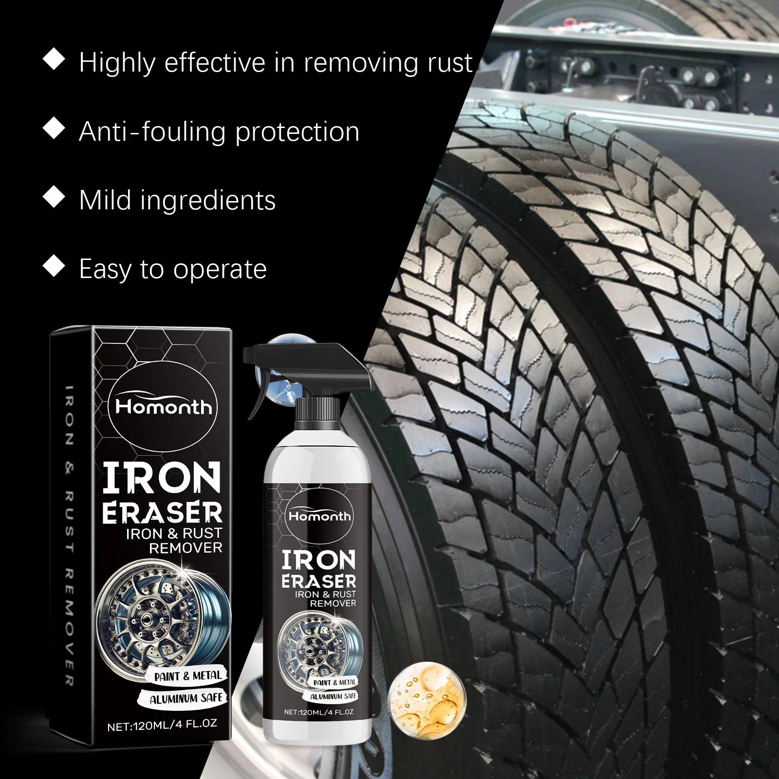 Car Wheel Rust Remover Spray Effective Cleaner for Alloy Rims & Tire Stains Fast-Acting Formula for Car Detailing Restores Shine
