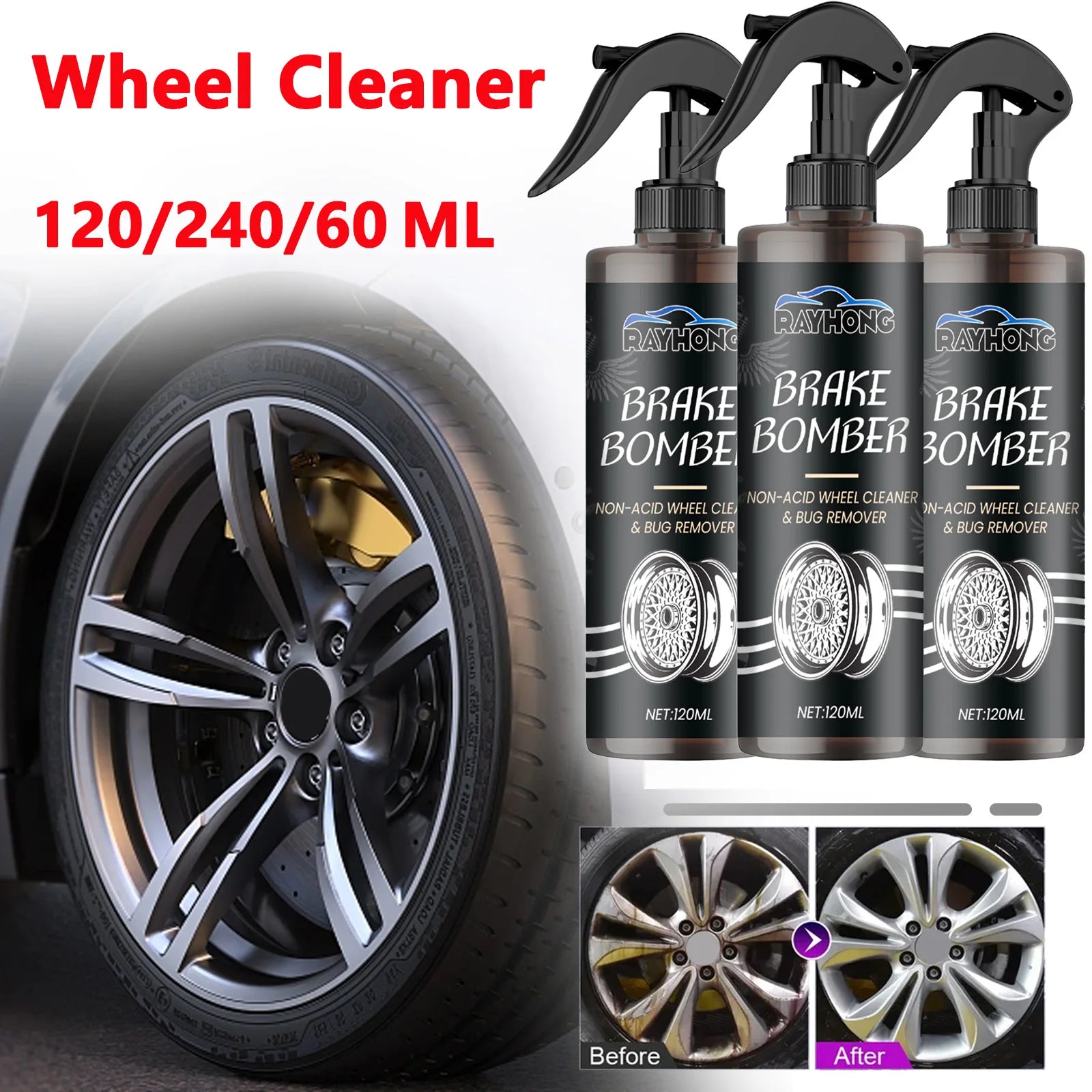 Car Wheel Cleaner Alloy Rim Cleaner Spray Remove Brake Dust Rust & Stains No Scratch Formula Polish Protect for All Wheels 120ml